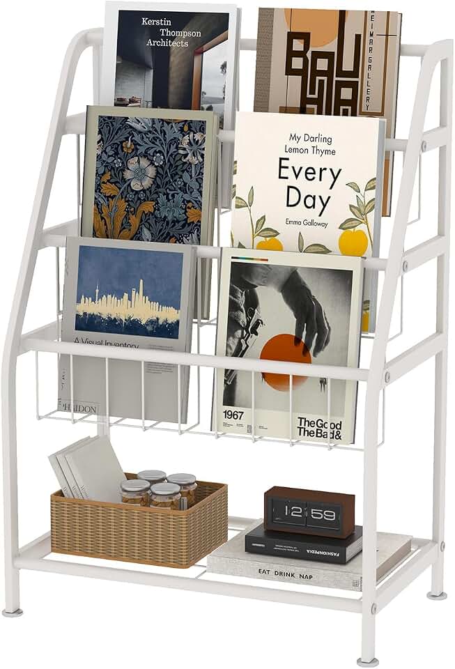 Arbuxzuy Magazine Rack Small Metal for Storage 9.8" D x 17.7" W x 25.6" H, Short Book Shelf for Display and Storage, Ladder Bookcase for Home Office, White