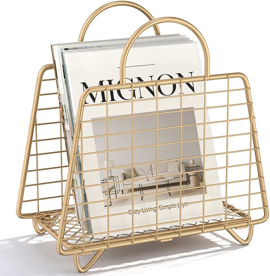 Gold Magazine Holder,Modern Magazine Rack Floor,Metal Wire Magazine Basket | Handbag Design Magazine Storage Organizer for Magazines File Book Newspaper Vinyl Record Albums