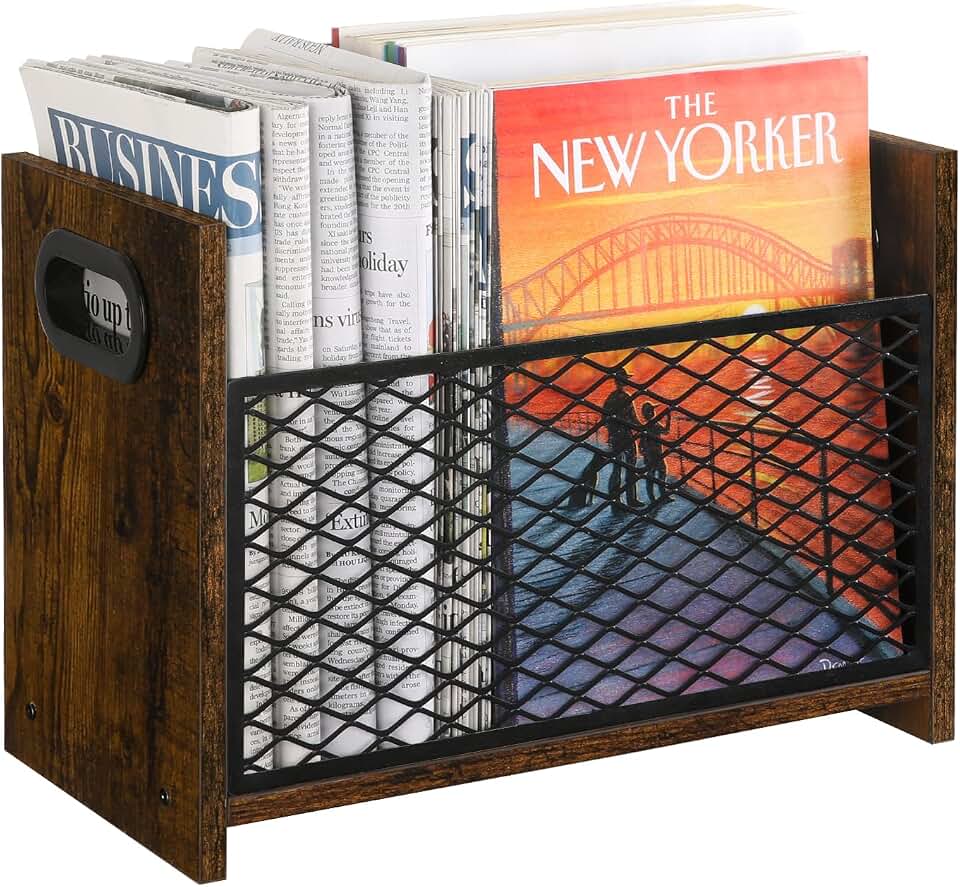 YINMIT Magazine Holder, Medium Magazine Rack Floor, Book Storage Basket | Book Organizer, Wood and Metal Construction, Side handles, Compact Magazine File Holder for Desktop, Living Room, Office