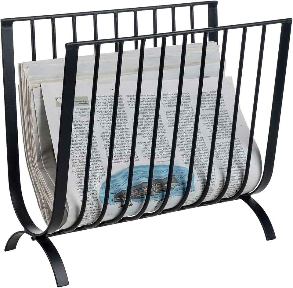 MyGift Matte Black Metal Magazine Rack, Deluxe Mid Century Wire Magazine Rack, Tabletop or Floor Standing Sling Basket for Magazines and Newspapers
