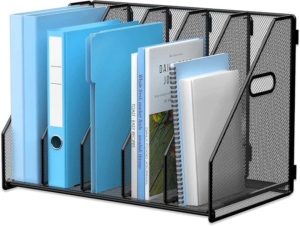 MINDEPOT Desk File Organizer Folder Holder with 5 Vertical for Office Black | Sturdy Metal Mesh, Magazine Folder Holder, Rack File Organizer for Home School, 5 Vertical Compartments