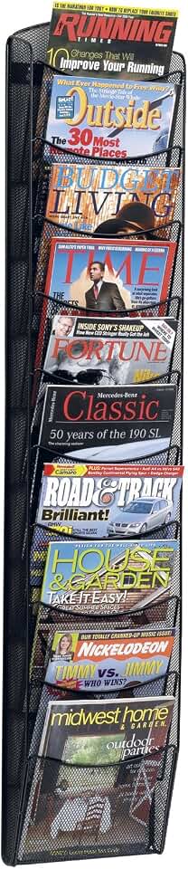 Safco Onyx Mesh Magazine Holder, Display Rack with 10 Pockets, Brochure Organizer, Commercial-Grade Steel Construction, Black