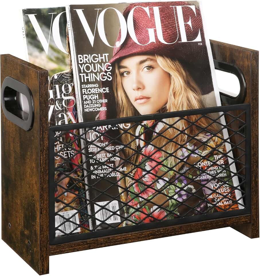 YINMIT Magazine Holder, Small Magazine Rack Floor, Book Storage Basket | Book Organizer, Wood and Metal Construction, Side handles, Compact Magazine File Holder for Desktop, Living Room, Office