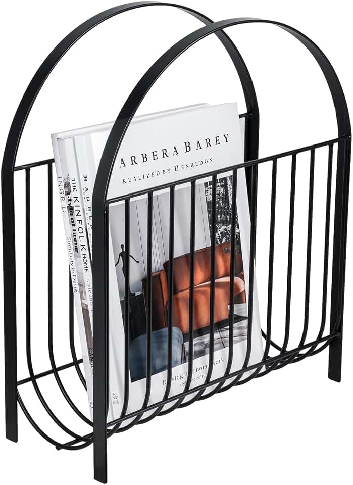 MyGift Mid Century Black Metal Wire Magazine Rack Floor or Tabletop | Mid Century Design, Matte Finish, Sling Basket Style, Floor or Table Display, Home Office Organization