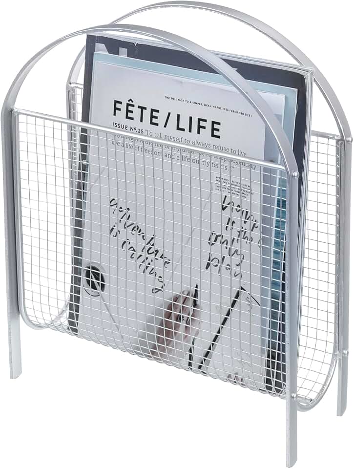 MyGift Mid-Century Silver Metal Mesh Magazine Rack, Freestanding Holder | Mid-century inspired silver mesh rack keeps magazines and newspapers organized in a stylish basket design for table or floor