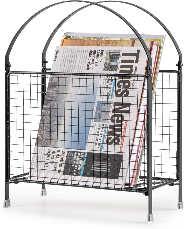 PUERSI Freestanding Magazine Holder, Metal Magazine Rack Floor Stand | Modern Touch Handbag Design, for Magazine, Newspaper, Books, Vinyl Record (Black)