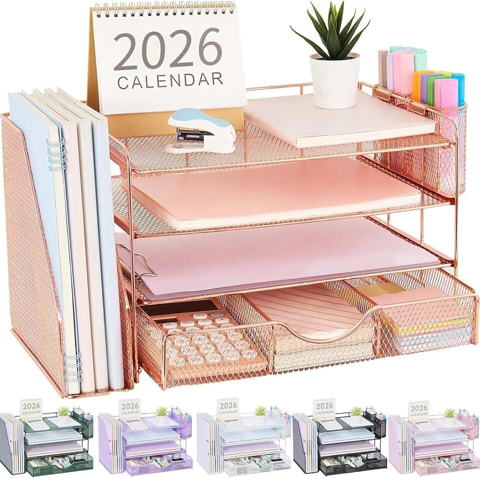 gianotter Desk Organizers and Accessories with File Holder, 4-Tier Desk Accessories &amp; Workspace Organizers with Drawer and 2 Pen Holder, Paper Organizer for Office Supplies (Rose Gold)