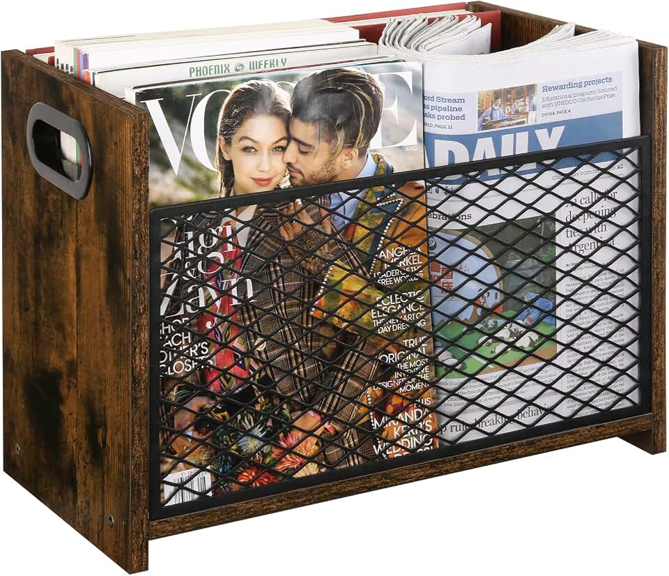 YINMIT Magazine Holder, Large Magazine Rack Floor, Book Storage Basket | Book Organizer, Wood and Metal Construction, Side handles, Compact Magazine File Holder for Desktop, Living Room, Office