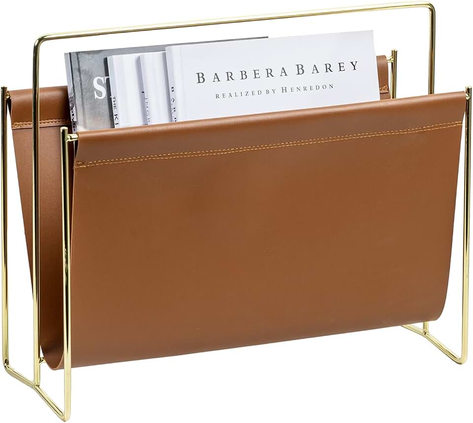 MyGift 15-Inch Magazine Holder Brown Leatherette Sling &amp; Brass Plated Metal | Modern Metal Frame Faux Leather Sling Style Newspaper Rack for Home, Bathroom, Office Decor Freestanding Literature Display