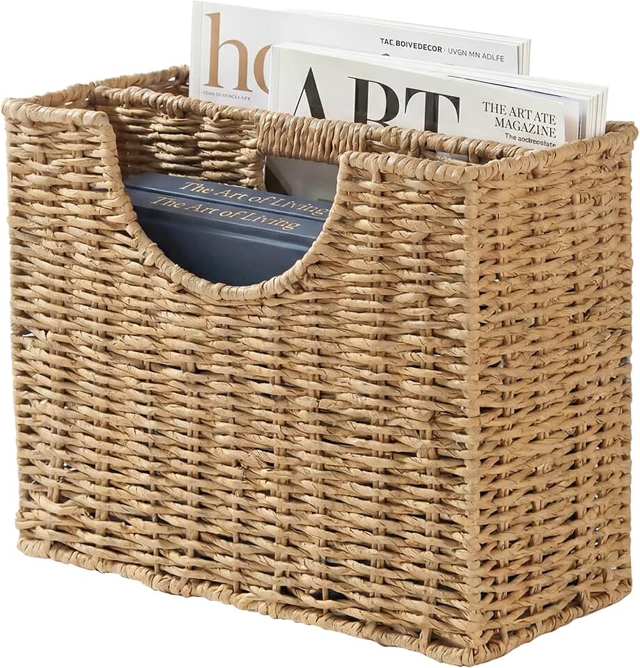 Coeusy Wicker Magazine Basket, Paper Rope Woven Magazine Holder for Files, Books, Documents, Newspapers, Narrow Boho Organizer and Storage Bins with Handle for Office, Living Room, Bathroom (Natural)