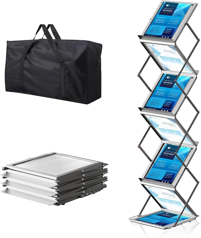 Brochure Display Stand, Magazine Literature Rack, 1-Pack Silver | 3 heights 47" 53" 59",Collapsible, Double-sided 7 pockets, Aluminum Frame, Collapsible, Exhibition, Trade show, Office Global Recycled Standard