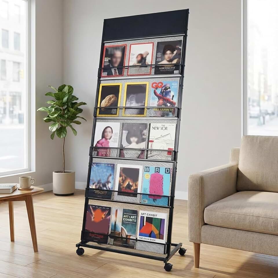 5 Layer Floor Magazine Rack Stand, 70"×27×13.6" Brochure Display Stand | 4 Universal Wheels, Detachable Magazine Display with Top Billboard, for Exhibitions, Shopping Malls, Hospitals, Offices