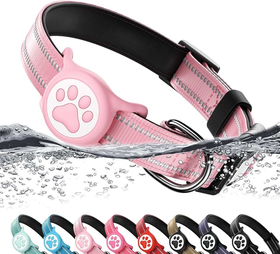 Premium Airtag Dog Collar，with IP68 Waterproof AirTag Holder,Pink,L | Soft,Breathable,Nylon Padded,Reflective,Ultra-Durable Buckle,Adjustable,Comfortable for Small Medium Large Dogs
