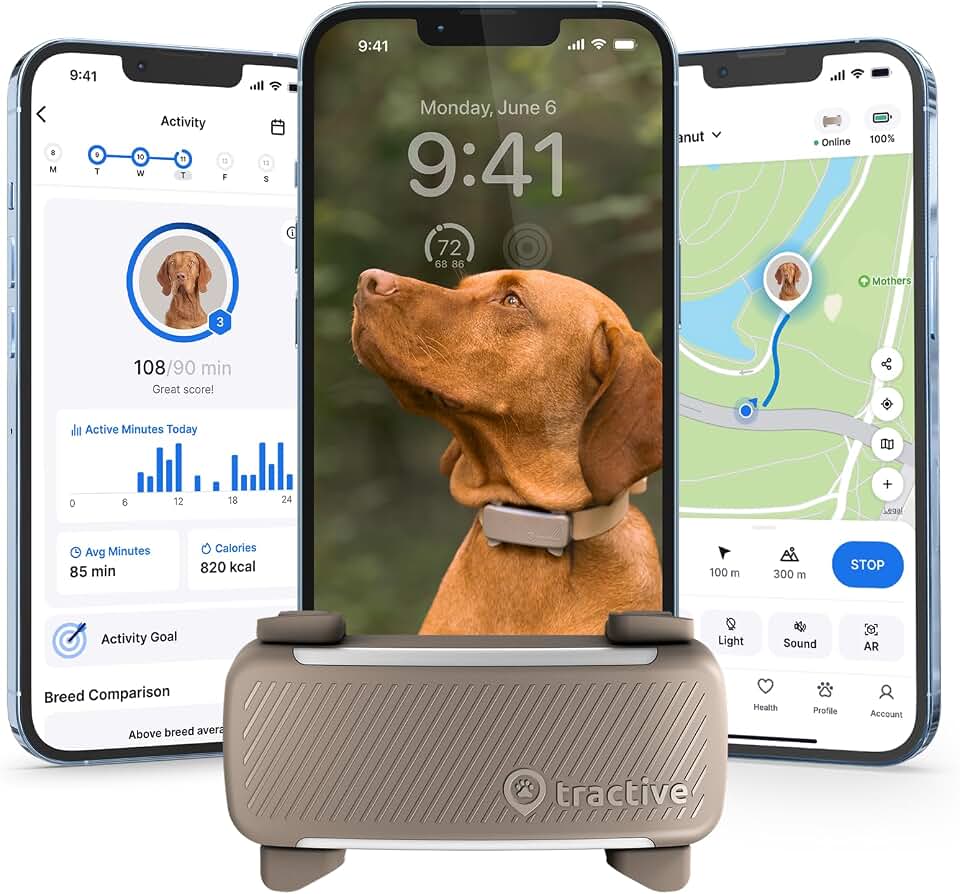 Tractive Smart Dog GPS Tracker | Live Pet Tracker with Virtual Fence | Vital Signs Monitoring of Heart &amp; Respiratory Rate | Bark Monitoring | Dog Collar Attachment (Brown) GreenCircle Certified: Certified Energy Savings