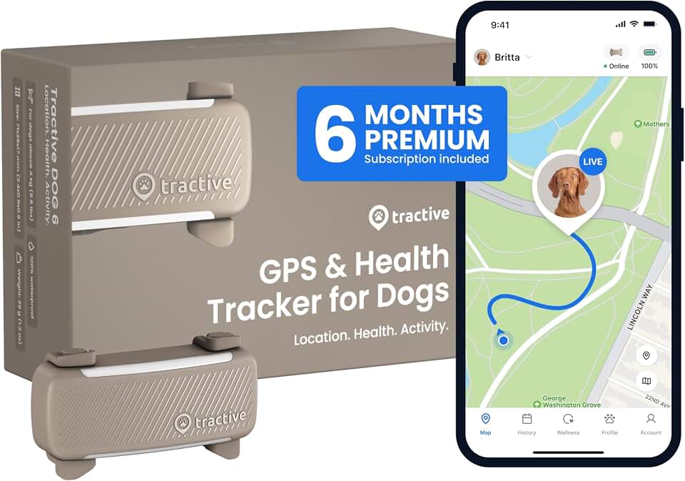 Tractive Smart Dog GPS Tracker with 6 Month Subscription | Live Pet Tracker with Virtual Fence | Vital Signs Monitoring of Heart &amp; Respiratory Rate | Bark Monitoring | Dog Collar Attachment (Brown) GreenCircle Certified: Certified Energy Savings