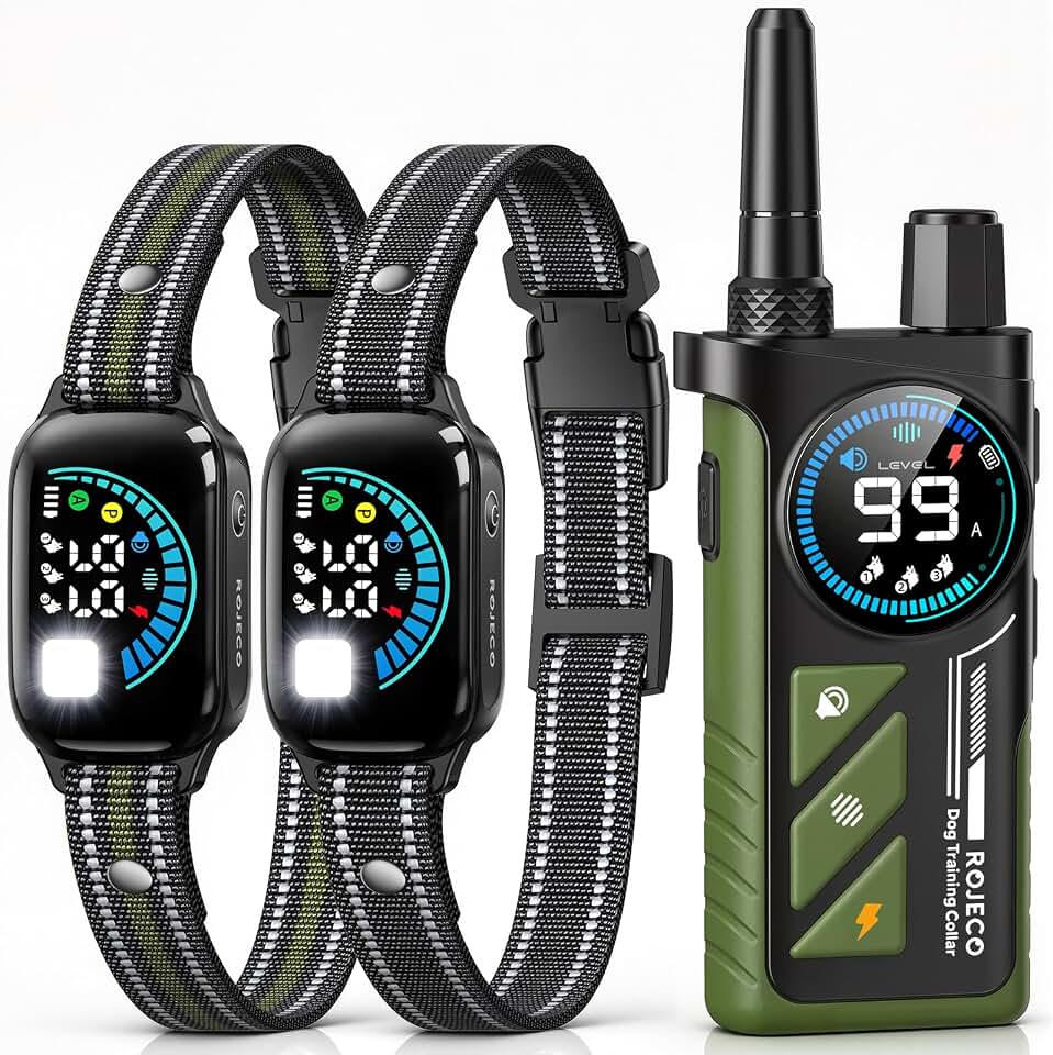 ROJECO 2-in-1 Dog Shock Collar &amp; Bark Collar,Smart Anti-Barking for 2 Dogs | 3300FT Remote/IPX7 Waterproof/Beep,Vibration,Shock Modes/LED Light/TypeC Rechargeable/for Small Medium Large Dogs/Green,Black