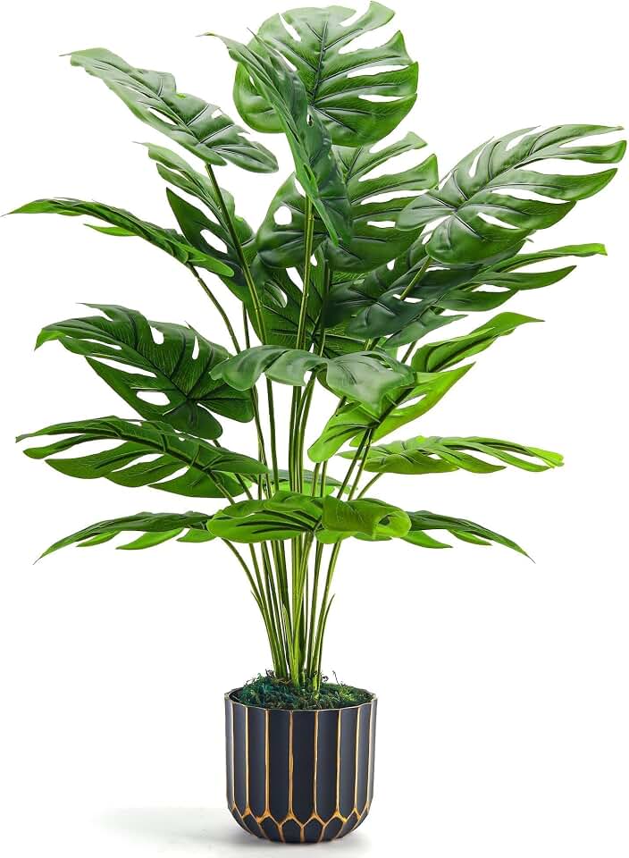 Der Rose 28" Fake Plants, Monstera Plant in Black Gold Pot for Home Decor | Artificial plants indoor add refined tropical greenery to modern offices, elegant entryways, reception areas and home decor