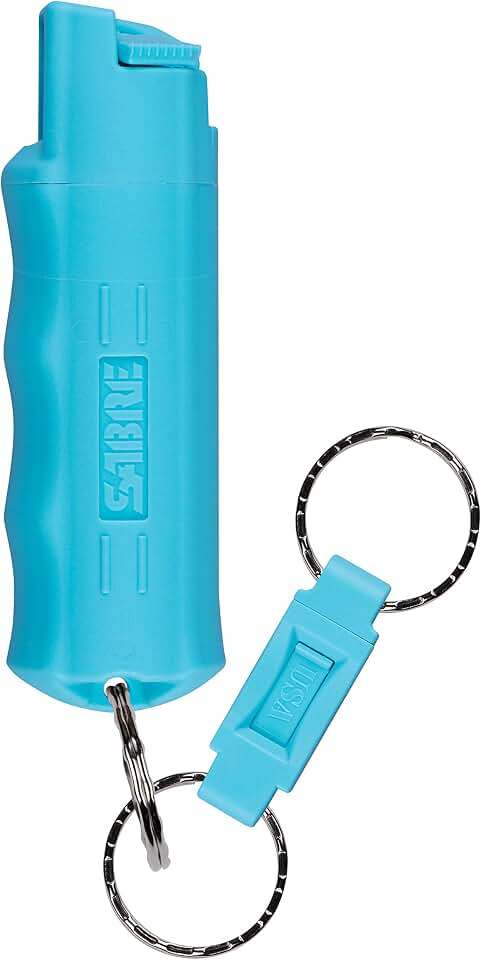 Sabre Pepper Spray with Quick Release Keychain for Self Defense – Maximum Police Strength OC Spray with UV Marking Dye, Twist Lock Safety, Finger Grip, 10‑Second Spray, 14‑ft Range, Made in USA