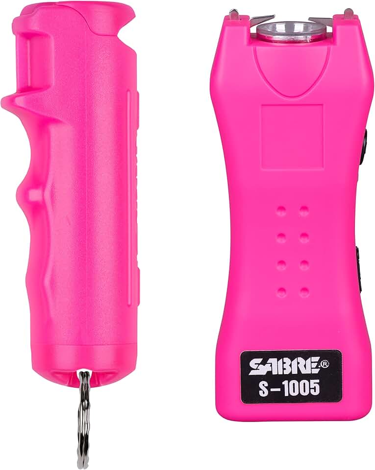 SABRE Pepper Spray &amp; 2‑in‑1 Stun Gun with Flashlight Self Defense Kit – Fast Flip Top 10‑Second Safety Spray with Finger Grip &amp; Keychain – Rechargeable Stun Gun, 1.60 µC Charge, 120‑Lumen LED Light