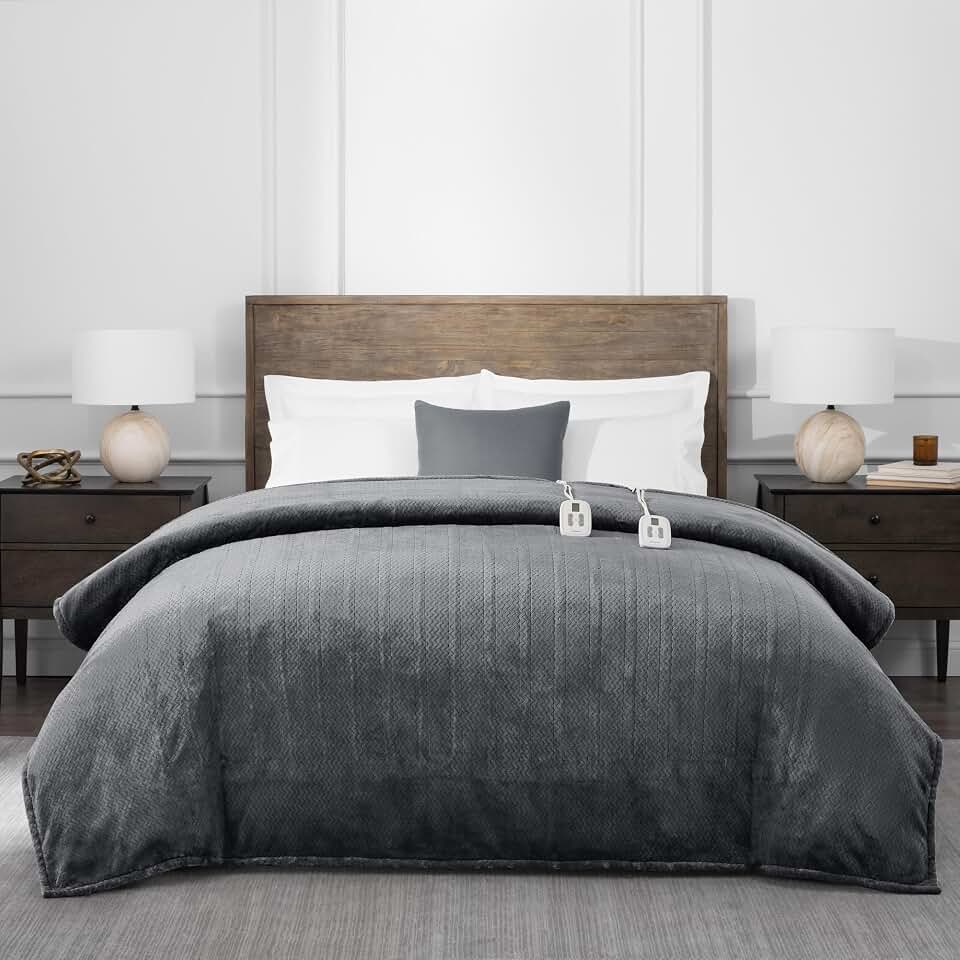 Brookstone Heated Plush Herringbone Blanket, Full/Queen, Charcoal | 10 heat settings; adjustable timer; machine washable and dryer safe; electric heated blanket