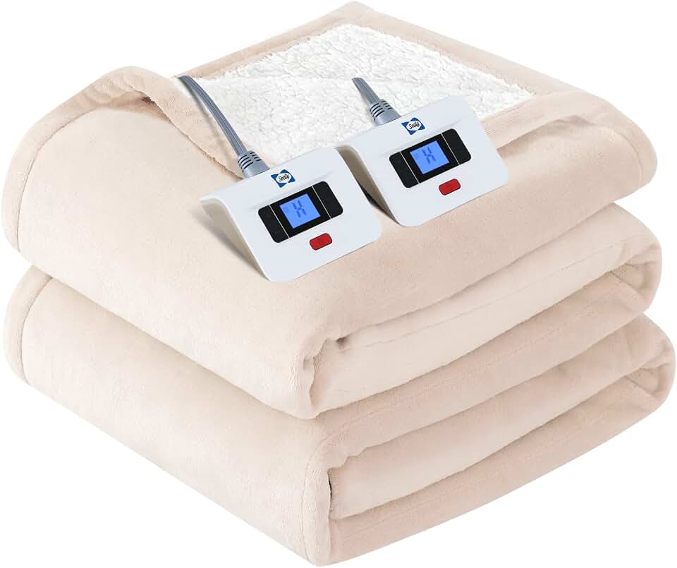 Sealy Electric Blanket Queen Size Heated Dual Control Auto Shutoff 84"x90" | Heated Blanket Queen Size 10 Heat Levels &amp; 1-12H Auto Shutoff, Overheat Protection, ETL, Flannel &amp; Sherpa, Machine Wash Beige OEKO-TEX STANDARD 100