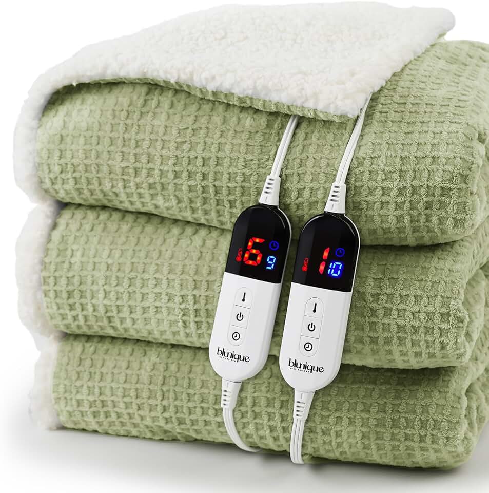 Heated Blanket Electric Blanket Queen Waffle, 84x90 Inches Dual Controllers Sherpa Fleece Fast Heating Blanket 6 Heating Levels &amp; 10 Hours Auto Off ETL Certification, Sage Queen OEKO-TEX STANDARD 100
