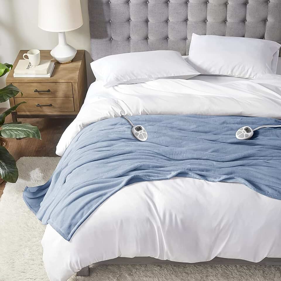 Serta Heated Blanket King,Fast Heating Soft Plush Electric Blanket Sea Blue | Soft Plush Heating Blankt With 10 Heat Settings &amp; Auto Shut Off, ETL Certified &amp; Machine Washable OEKO-TEX STANDARD 100