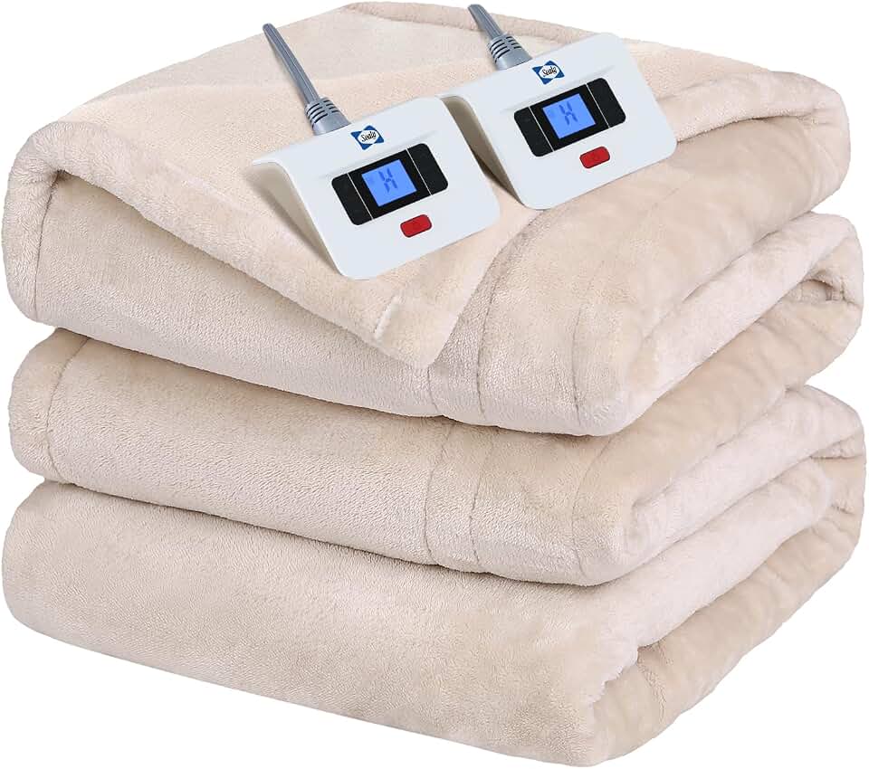 Sealy Electric Blanket Queen Size Heated Dual Control Auto Shutoff 84"x90" | Heated Blanket Queen Size 10 Heat Levels &amp; 1-12H Auto Shutoff, Fast Heating &amp; Overheat Protection, Beige Flannel Machine Wash OEKO-TEX STANDARD 100