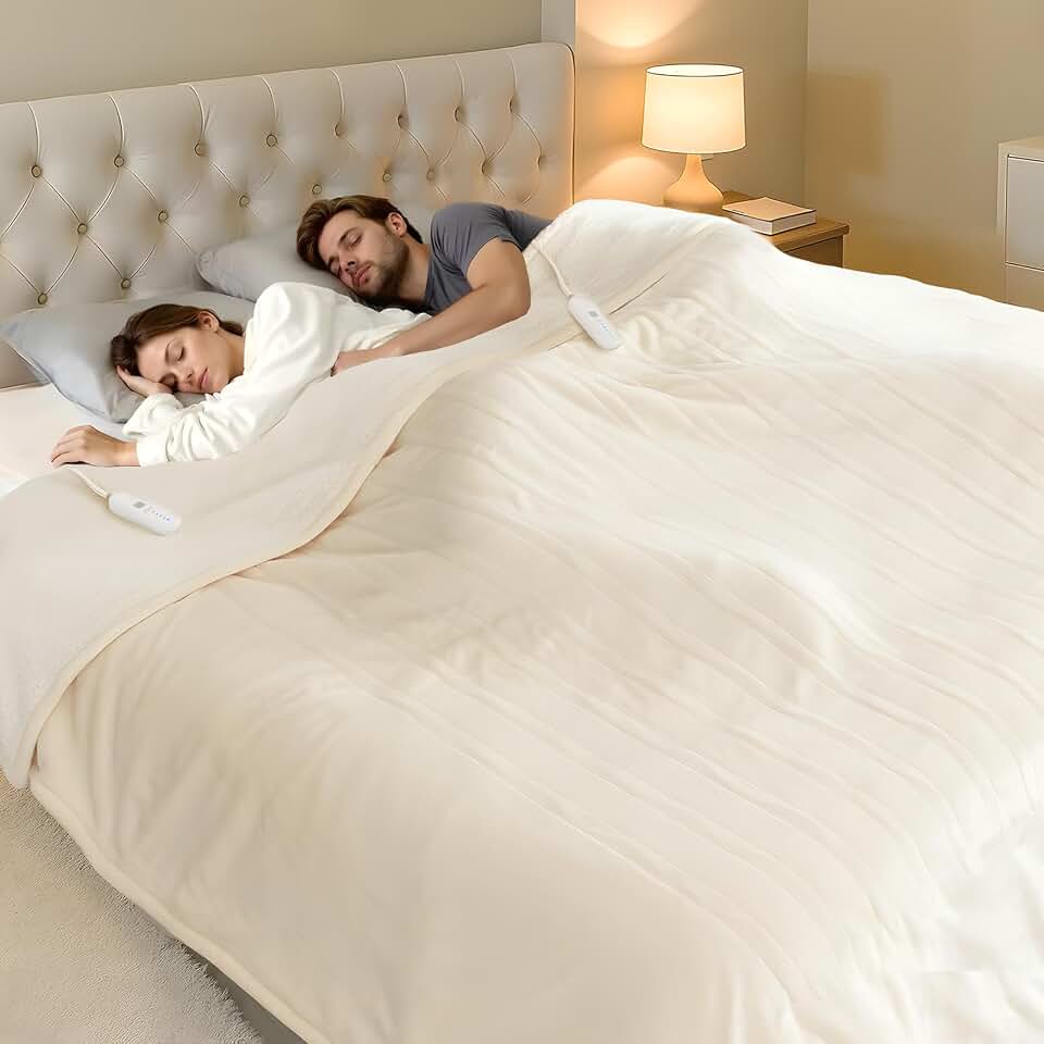 Electric Blanket Queen Size, Dual Control Queen Heated Blanket | 5 Heat Settings, 10-Hour Auto-Off, ETL Certified, Machine Washable, Flannel &amp; Sherpa Heating Blanket 84" x 90", White OEKO-TEX STANDARD 100