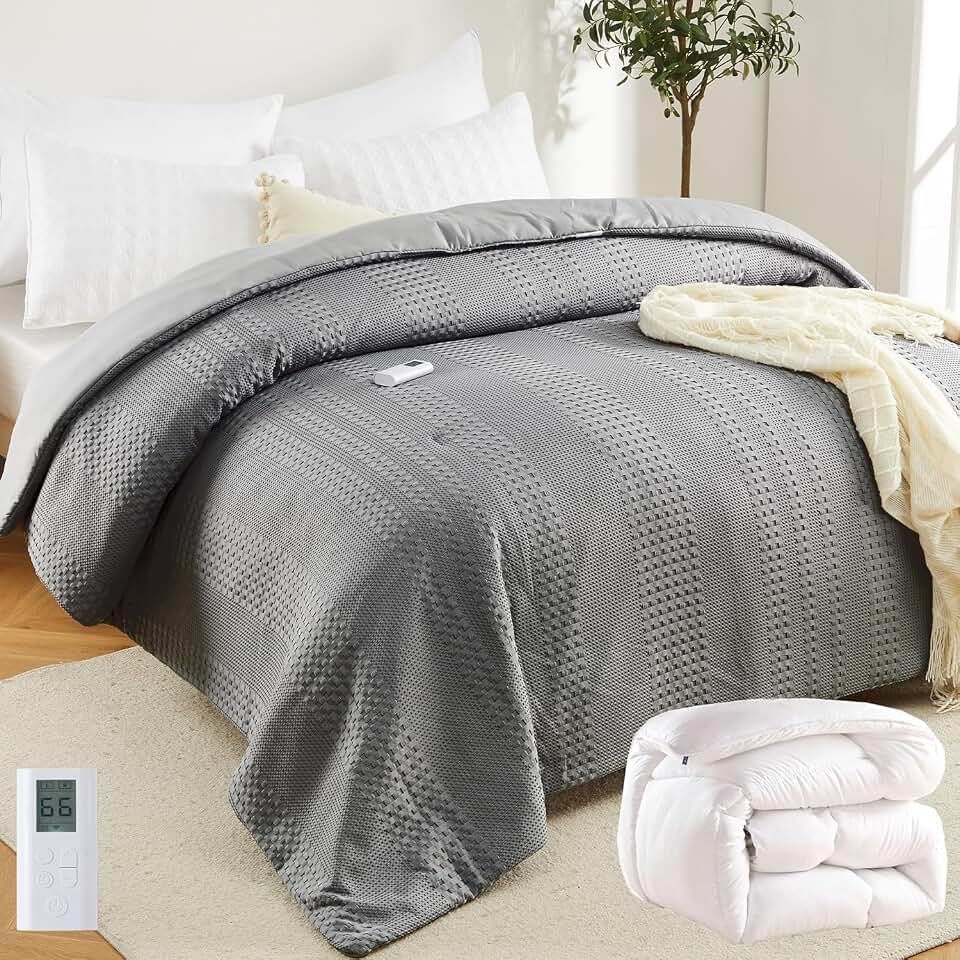 GarveeHome King Heated Comforter Electric Blanket, 104"x90" Waffle Weave Heating Blanket with Wireless LCD Controller, 6 Heat Levels &amp; 2-10H Time Settings, UL Certified, Grey OEKO-TEX STANDARD 100