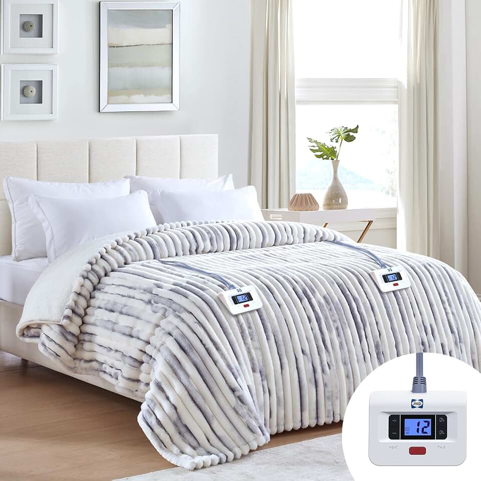 Sealy Electric Blanket Queen 84×90, Faux Fur to Sherpa, Blue White | Heated Blanket, Dual Control, 10 Heating Levels, 1-12 Hours Auto Off, Overheat Protection, Machine Washable, ETC Certified