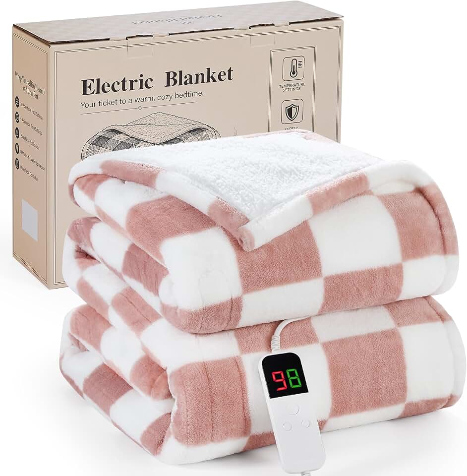 Pink Heated Blanket Electric Throw 50"X60", Heating Blanket Throw | Throw Blanket with Fast Heating&amp;10 Heat Levels &amp; 8 Hours Auto-Off, Checkered Flannel Sherpa, Gifts for Women Mom Her OEKO-TEX STANDARD 100
