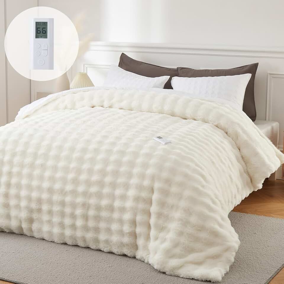Wireless Heated Blanket Queen, Faux Fur Comforter, Dual-Zone, White | Queen-size white faux fur, independent dual heating zones, 6 safety heat levels, fast heating winter bedding OEKO-TEX STANDARD 100