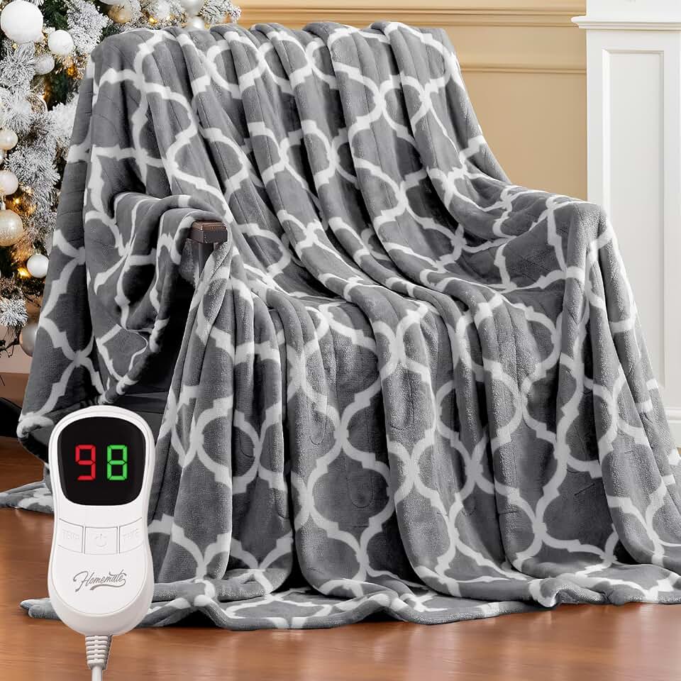 Homemate Heated Blanket Electric Throw - 50“x60“ Heating Blanket | Throw with 10 Fast Heat Levels 8 Hours Auto Off Over-Heated Protection ETL Certification Keep Warm in Home Office