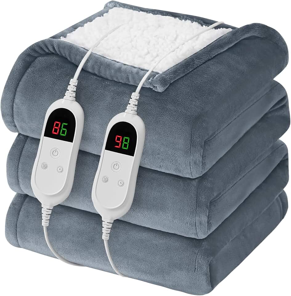 Heated Electric Blanket Queen Size, Dual Control 84" x 90“, Ash Gray | Soft Plush Large Heating Blanket Queen for bed, 10 Heating Levels &amp; 8 Hours Auto Off, Warm Gift for Grandma
