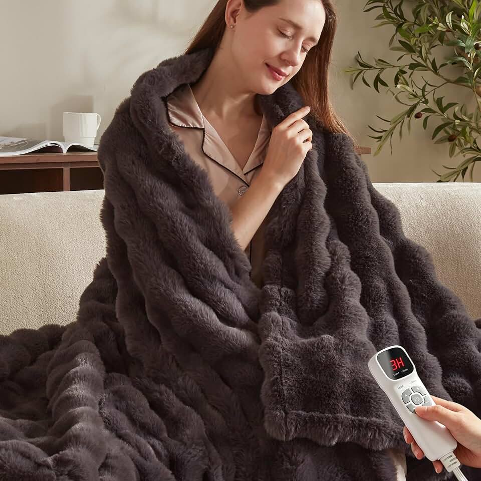 Electric Heated Blanket,50x60 Heating Throw Soft Bubble Flannel Dark Grey | ETL Certified 9 Setting Electric Heated Throw Blanket,Machine Washable Auto Off for couch Bed Office, Gifts for Women Grandpa OEKO-TEX STANDARD 100
