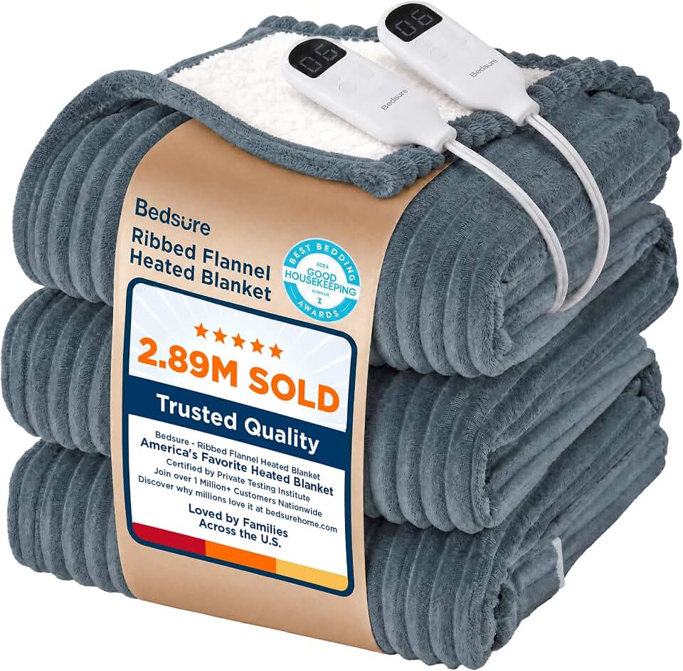 Bedsure GentleSoft Electric Blanket Queen Size - Soft Ribbed Flannel Heated Blanket with Dual Control, Heating with 6 Time Settings (Up to 10H), 6 Heat Settings &amp; 8Hr Timer Auto Off (84"x90", Grey) OEKO-TEX STANDARD 100