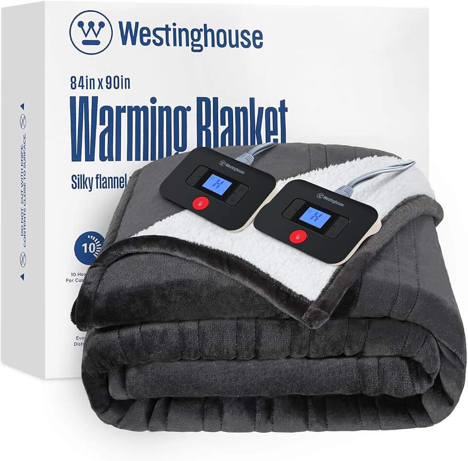 Westinghouse Heated Blanket Queen, 84"x90", Charcoal, ETL Certified | 10 Heating Levels, 1-12 Hours Auto-off, Overheat Protection, Dual Zone Control, Flannel to Sherpa, Machine Washable