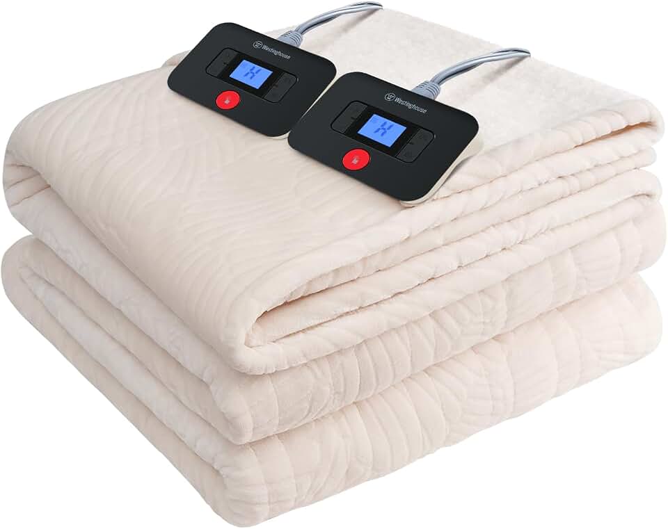 Westinghouse Electric Blanket Queen Jacquard Flannel Sherpa 84x90, Beige | Heated Blanket Queen Size with 10 Heating Levels and 1-12 Hours Auto-Off, Fast Heating Warming Blanket, Machine Washable
