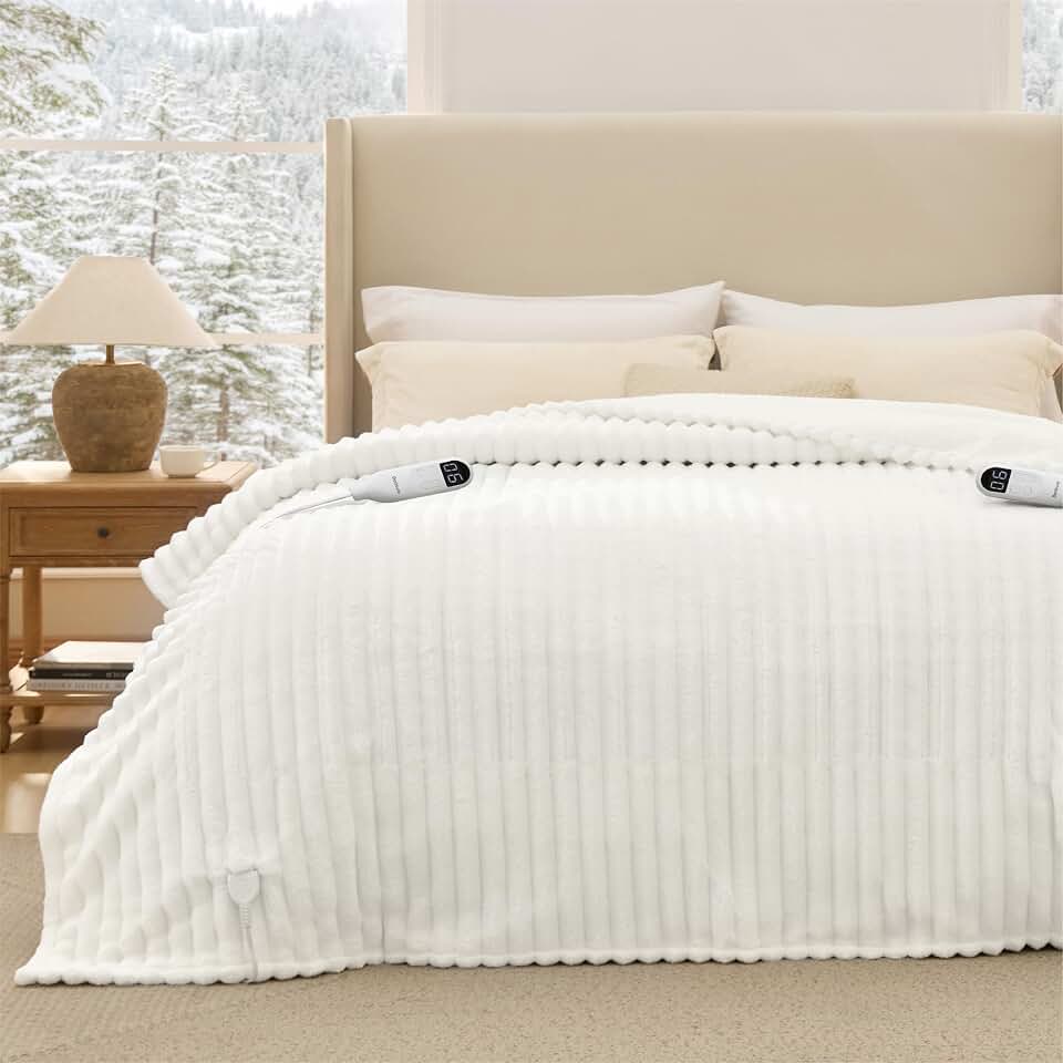 Bedsure Electric Blanket Queen Size - Thick Striped Flannel Electric Blanket with Dual Control, Heating with 6 Heat Settings &amp; 6 Time Settings, 8 hrs Timer Auto Shut Off (84x90 inches, White) OEKO-TEX STANDARD 100