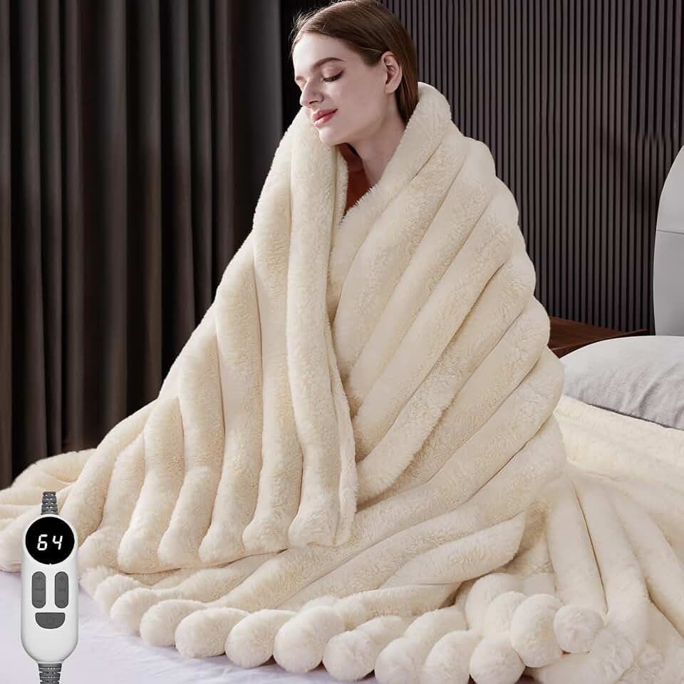 Heated Throw Blanket, Faux Fur Cozy Electric Blanket 50''*60'' | Heating Blanket with Overheat Protection, 1/2/3/4 Hours Auto-Off 6 Heat Levels, Machine Washable(Cream White)