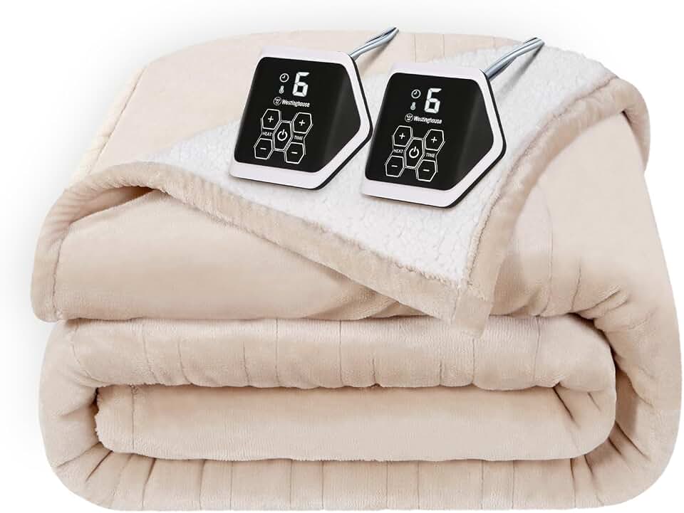 Westinghouse Electric Heated Blanket Queen Size, 84x90 Inch, Beige | Soft Flannel to Sherpa Electric Blanket with 10 Heating Levels, 12 Hour Auto Off, Fast Heating Blanket, Machine Washable