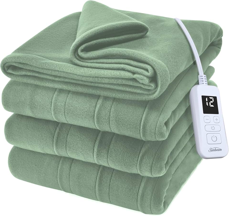 Sunbeam Royal Ultra Fleece Heated Electric Blanket Full Size, 84" x 72", 12 Heat Settings, 12-Hour Selectable Auto Shut-Off, Fast Heating, Machine Washable, Warm and Cozy, Matcha OEKO-TEX STANDARD 100