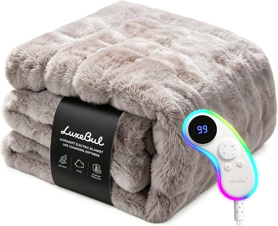 Ultrasoft Heated Blanket Throw: 460 GSM Fluffy Cozy Faux Fur | 125.6°F Fast Even Heat - Dual Overheat Protection - 9 Heats - Auto-Off - 7 Color Night Light Controller for Couch - Warm Gift OEKO-TEX STANDARD 100