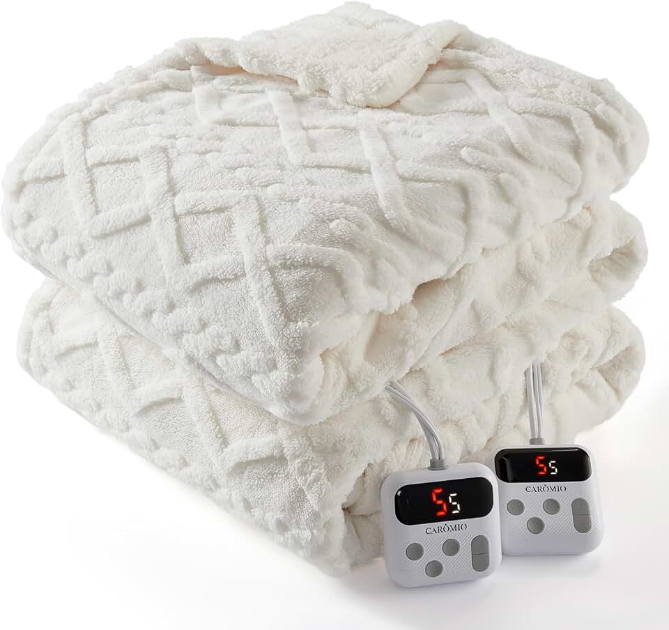 CAROMIO Electric Blanket Queen Size Dual Control, Heated Blanket Queen | Thick Tufted Sherpa, 10 Heating Levels and 10 Time Settings, ETL Certified Fast Heating Blanket Queen Size 84"×90", White OEKO-TEX STANDARD 100