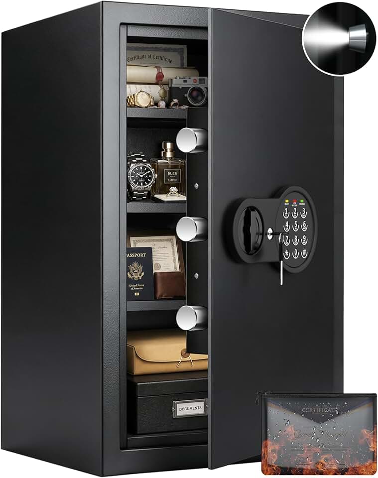 Mitlvge 23.62'' Tall Extra Large Home Safe Box, Safe with Fireproof Waterproof Document Bag, Digital Keypad and 3 Removable Steel Shelves, Security Box for Money Medicines Jewelry Valuables