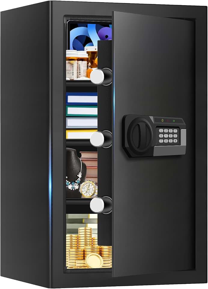 5.1 Cuft Large Home Safes Water and Fireproof with Digital Keypad &amp; Key Lock, Fire Security Safes with 3 Removable Shelves, Anti-Pry Safe Box for Money Documents Jewelry, 23.62"H x14.96"W x 12.2"D