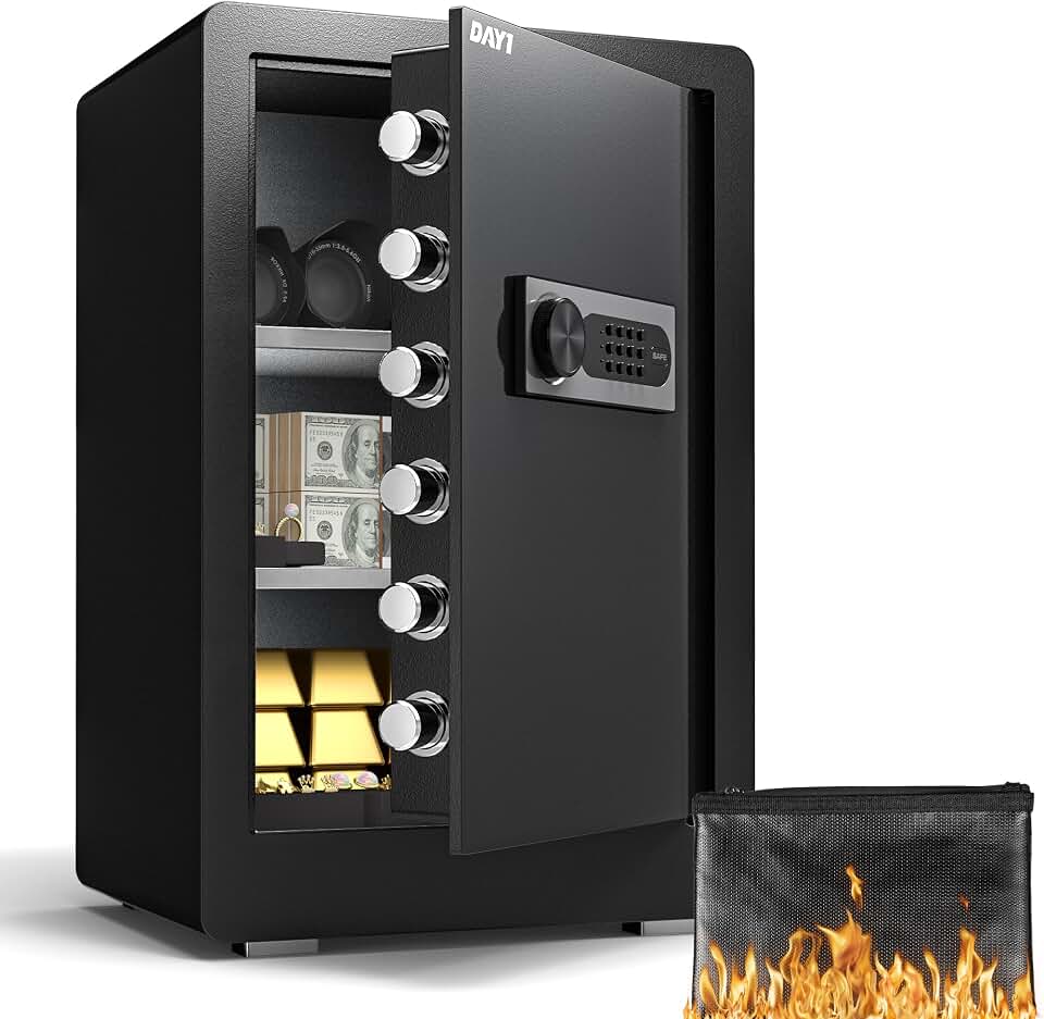 DAYI Safe Box, 3.0 Cu. Ft. Home Safes with Fireproof Bag for Valuables Docs | Digital Keypad, Dual Alarm System, Solid Alloy Steel, Pry-resistant Door, LED Interior Light, Backup Keys for Home &amp; Business Recycled Claim Standard Blended
