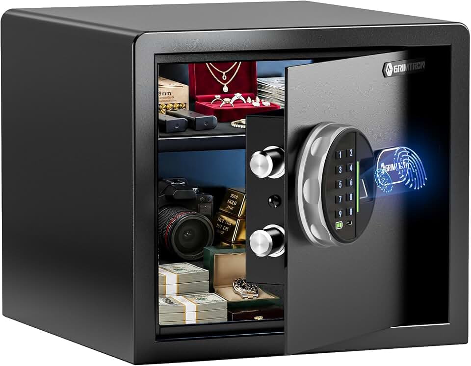 Grimtron 20LB Biometric Safe with Fingerprint Lock, 3-8 Digit PIN | 0.80 cu.ft. Safe with Silent Mode &amp; LED &amp; Backlit Keypad , 6.7M Combinations, Metal Knob, Removable Shelf &amp; Easy Installation Recycled Claim Standard Blended