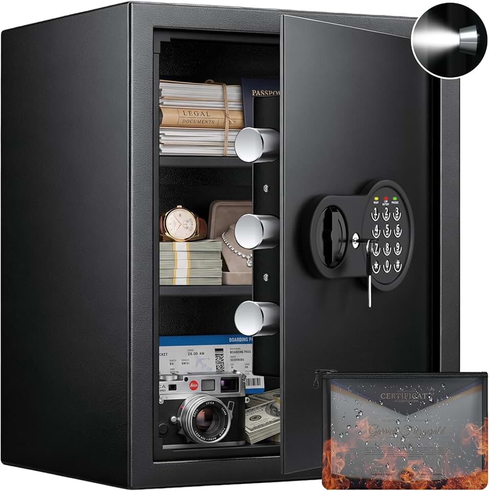 Mitlvge 17.55'' Home Safe Box with Digital Keypad, 3.2 Cu Ft Home Safe | Safes with Smart Alert, 2 Removable Shelves,Keys &amp; Pass Code,Wall Mount,External Emergency Power and Fireproof Waterproof Bag